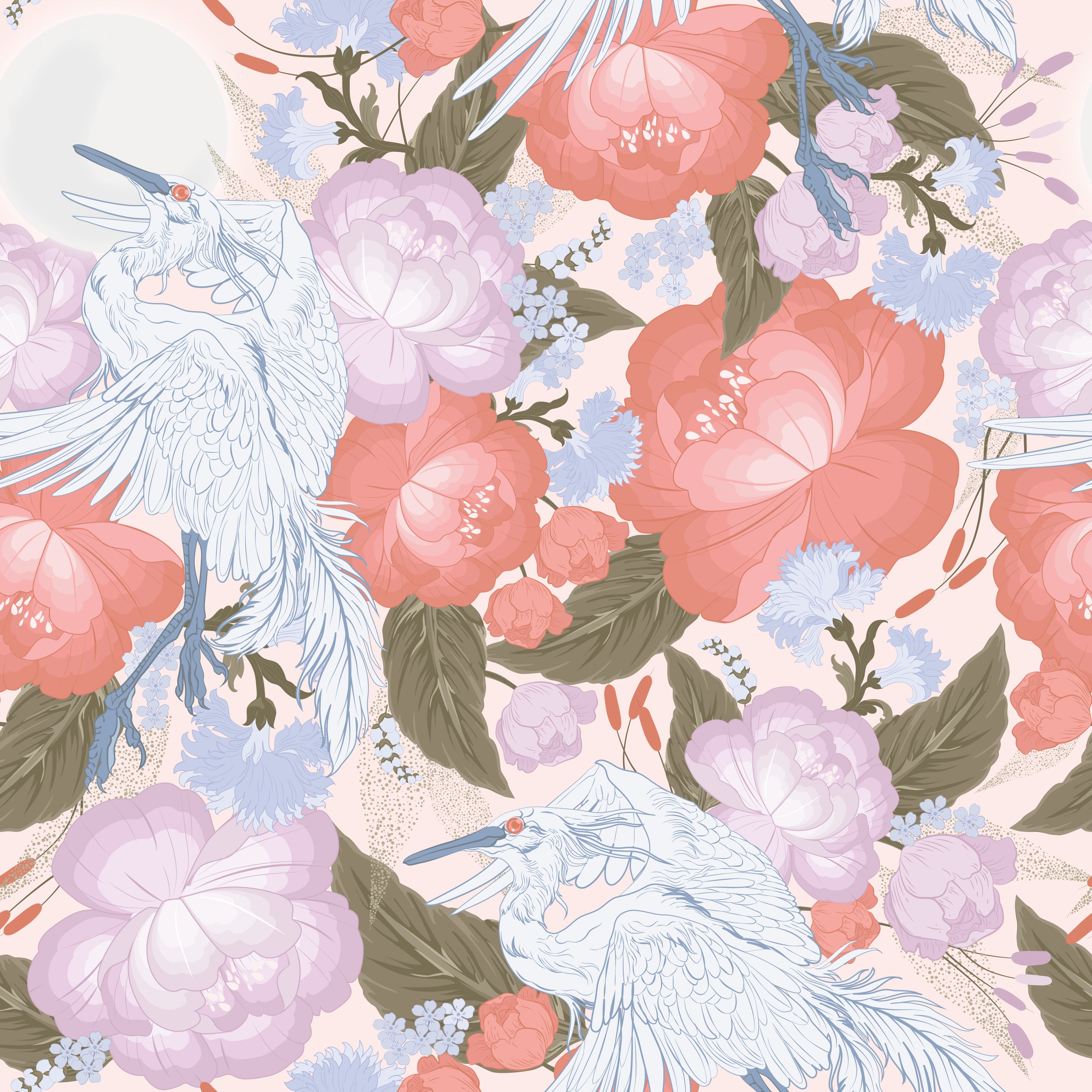 Magestic Cranes Peach peel and stick wallpaper pattern detail